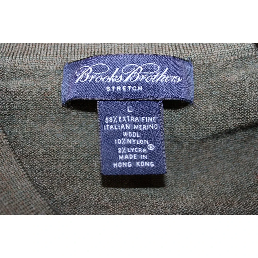 Brooks Brothers Italian Merino Wool Stretch V-Neck Sweater Mens L Olive Green